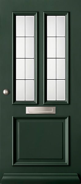 Buitendeur groen met twee glas in loodramen