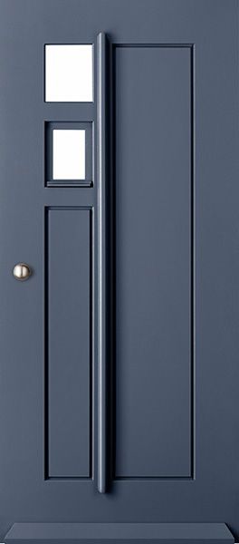 Buitendeur blauw twee kleine raampjes