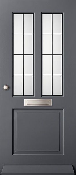 Buitendeur grijs met twee glas in loodramen